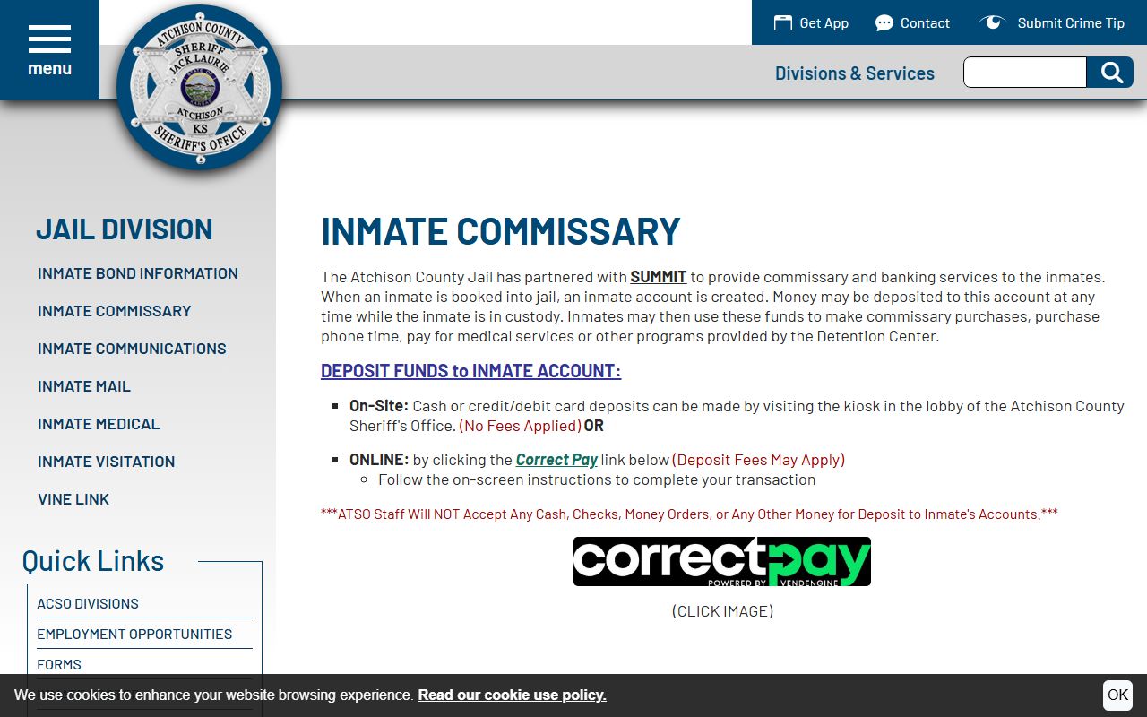 Atchison County inmate commissary and Correct Pay instructions