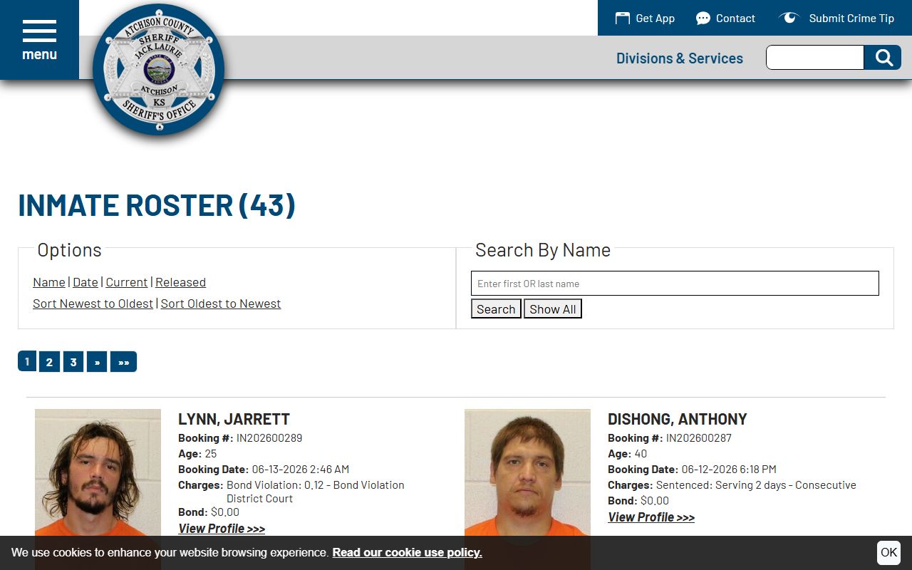 Atchison County inmate roster search with booking records and charges