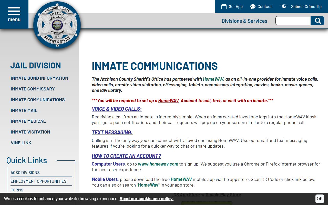 Atchison County HomeWAV inmate communications page