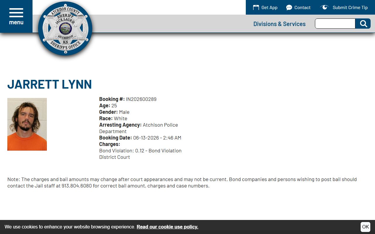 Atchison County roster profile sample showing mugshot area and booking fields